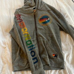Aviator Nation Gray Hoodie with Rainbow Accents